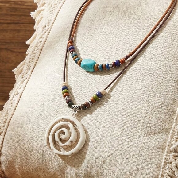 Boho Chic Adjustable Multilayer Beaded Necklace with Trendy Spiral Pendant - Picture 3 of 13
